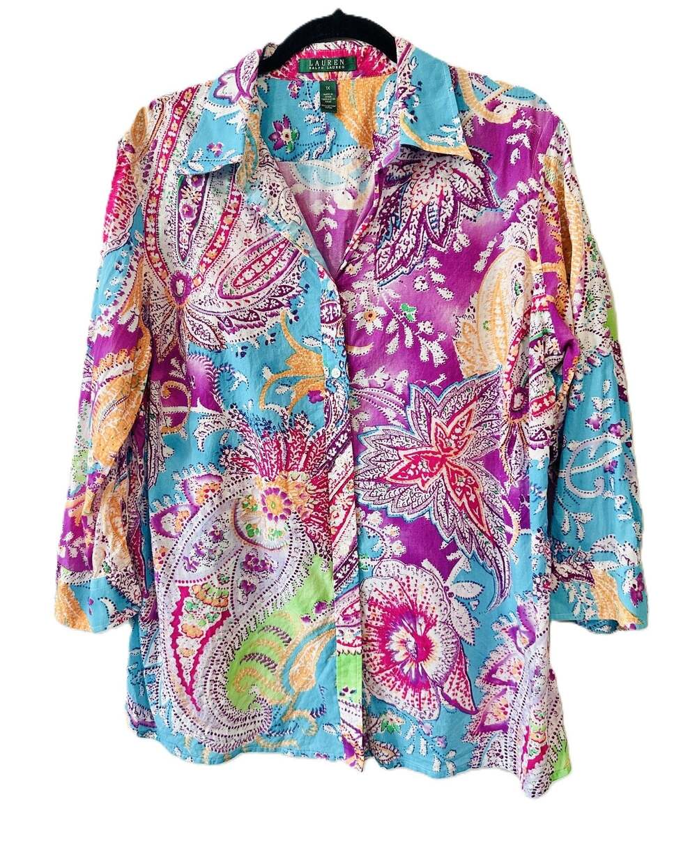 Ralph Lauren Women Paisley 100% Cotton Lightweight Button Front Shirt 1X